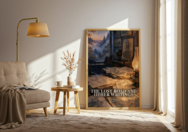 The Lost Road And Other Writings watercolour print in frame leaning in hallway – fantasy wall art