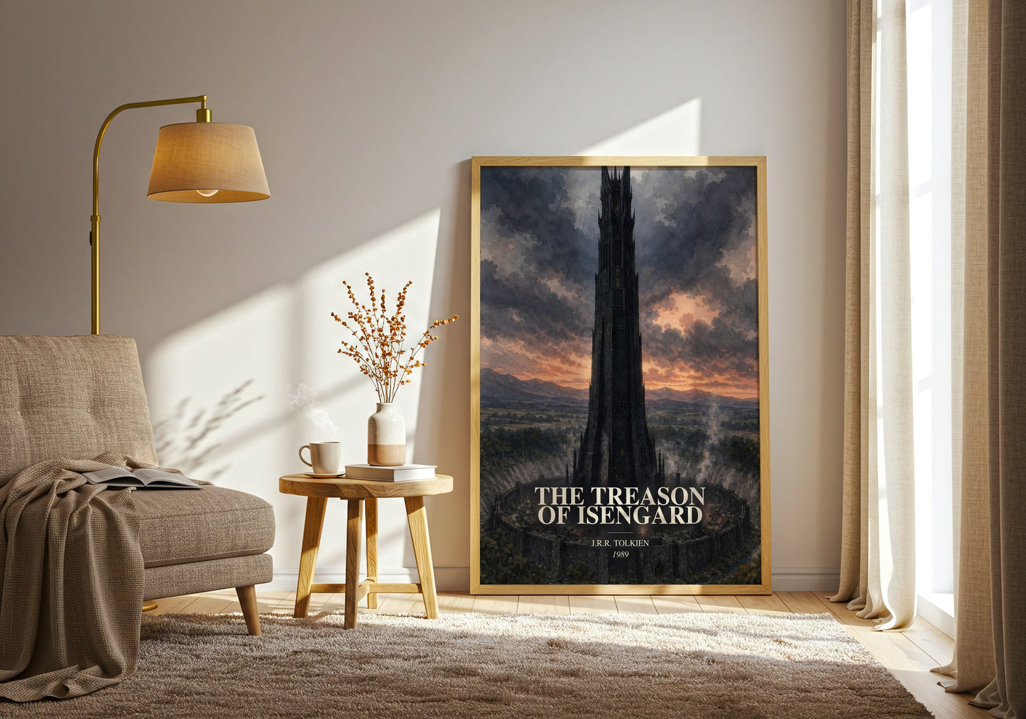 The Treason Of Isengard watercolour print in frame leaning in hallway – literary wall art