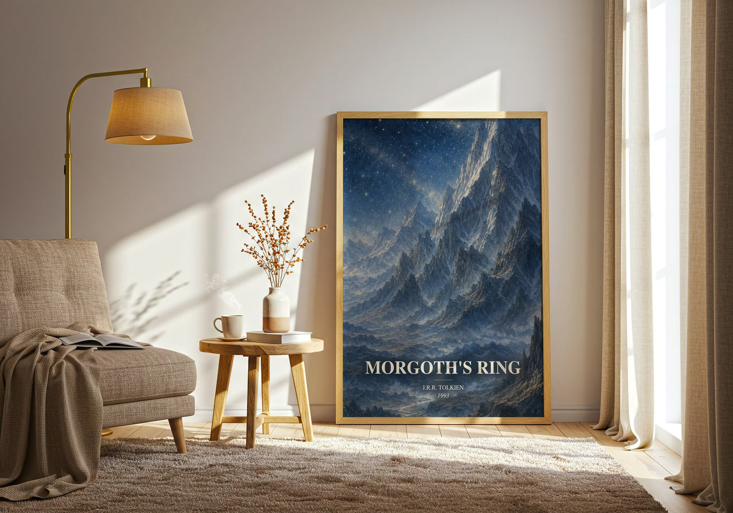 Morgoth'S Ring watercolour print in frame leaning in hallway – literary wall art