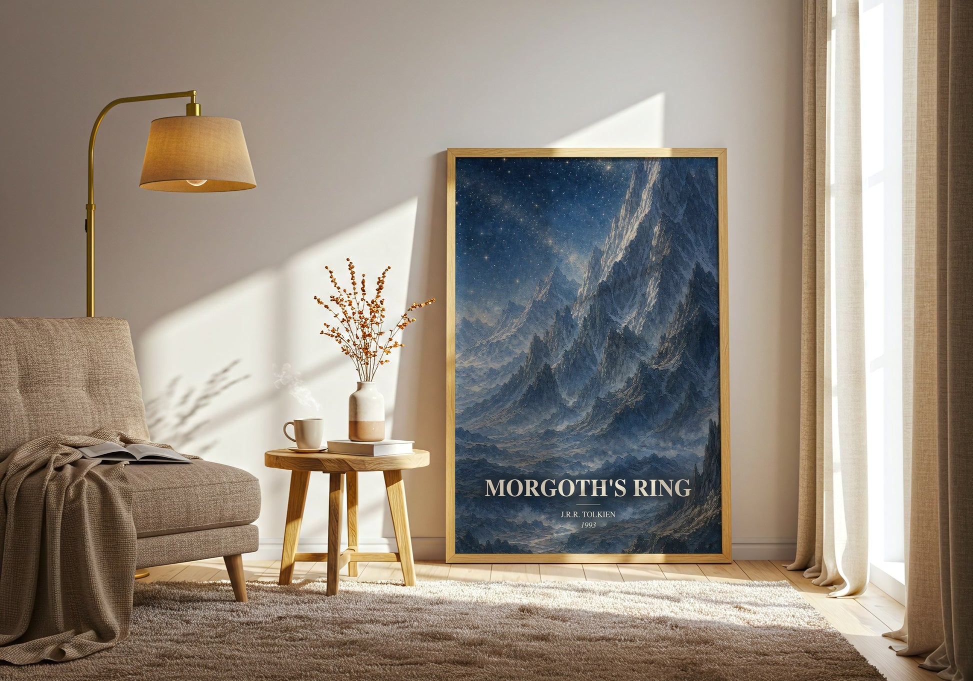Morgoth'S Ring watercolour print in frame leaning in hallway – literary wall art