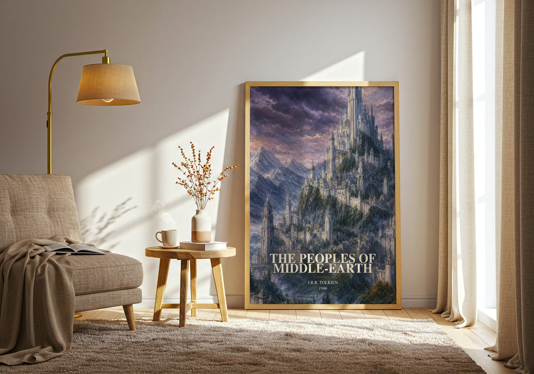 The Peoples Of Middle-Earth watercolour print in frame leaning in hallway – literary wall art (mockup)
