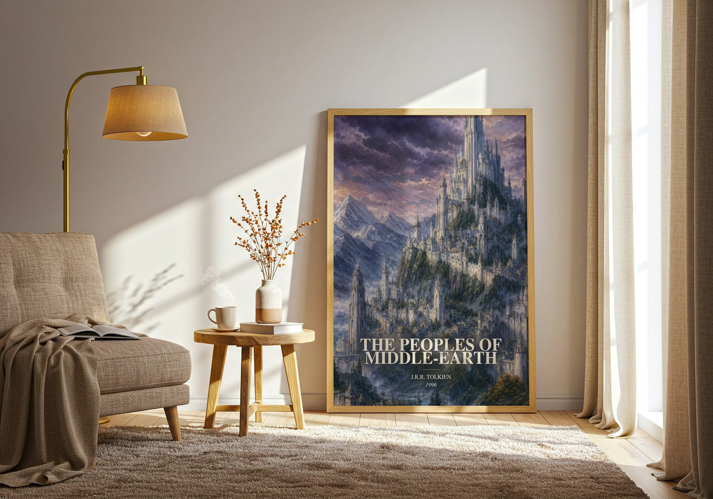 The Peoples Of Middle-Earth watercolour print in frame leaning in hallway – literary wall art
