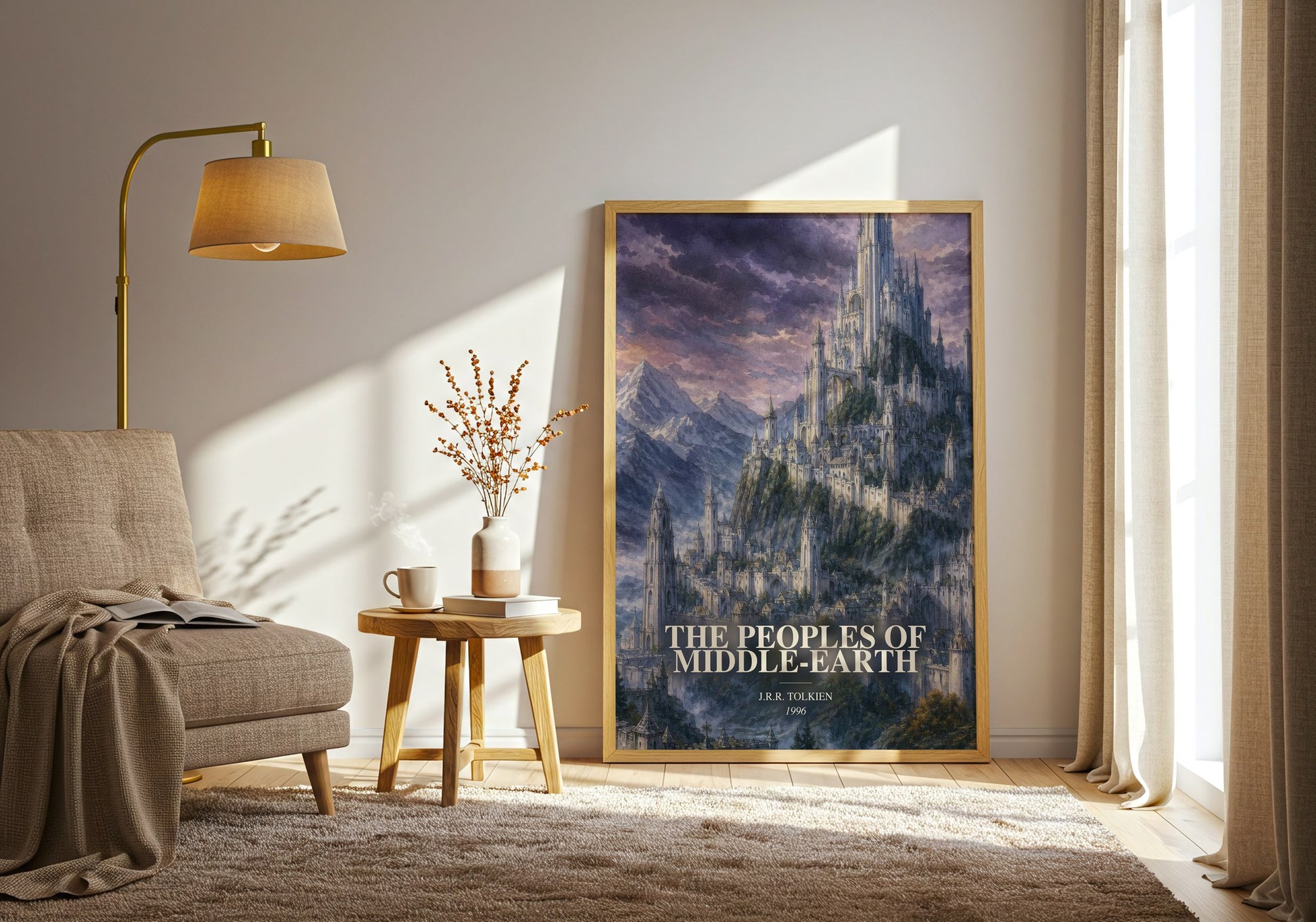 The Peoples Of Middle-Earth watercolour print in frame leaning in hallway – literary wall art
