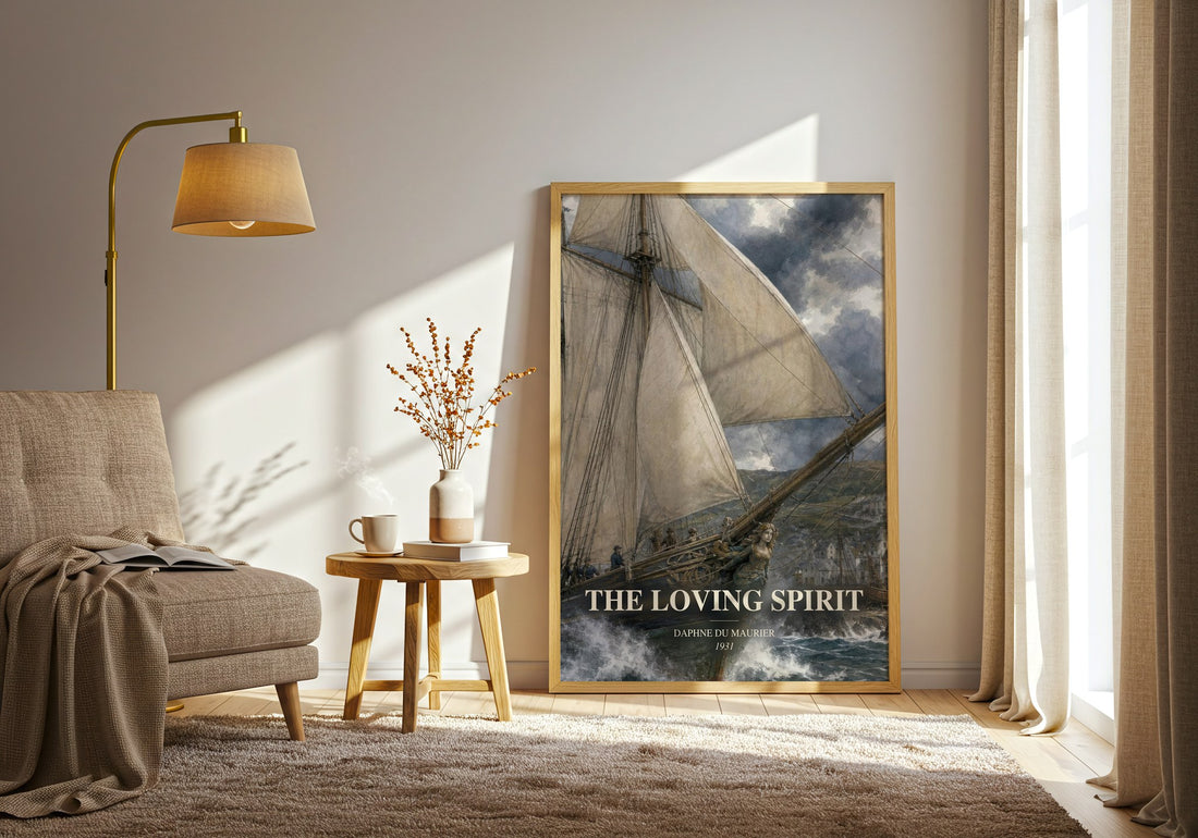 The Loving Spirit watercolour print in frame leaning in hallway – historical fiction wall art (mockup)