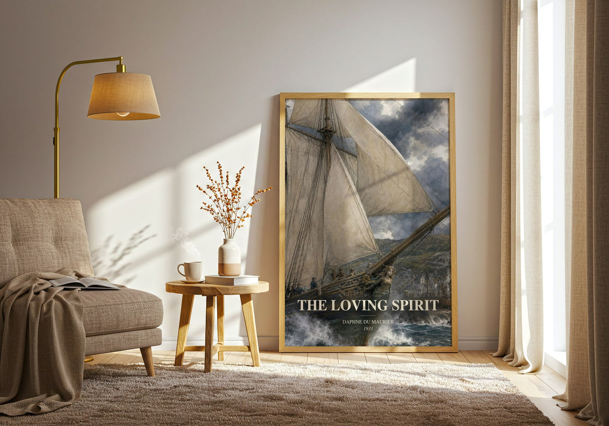 The Loving Spirit watercolour print in frame leaning in hallway – historical fiction wall art (mockup)