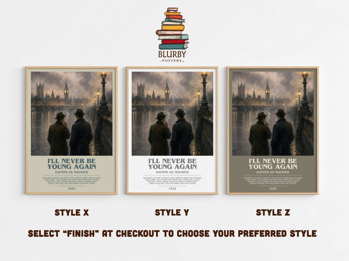 I'll Never Be Young Again bookish print in frame leaning in hallway – literary fiction wall art (mockup)
