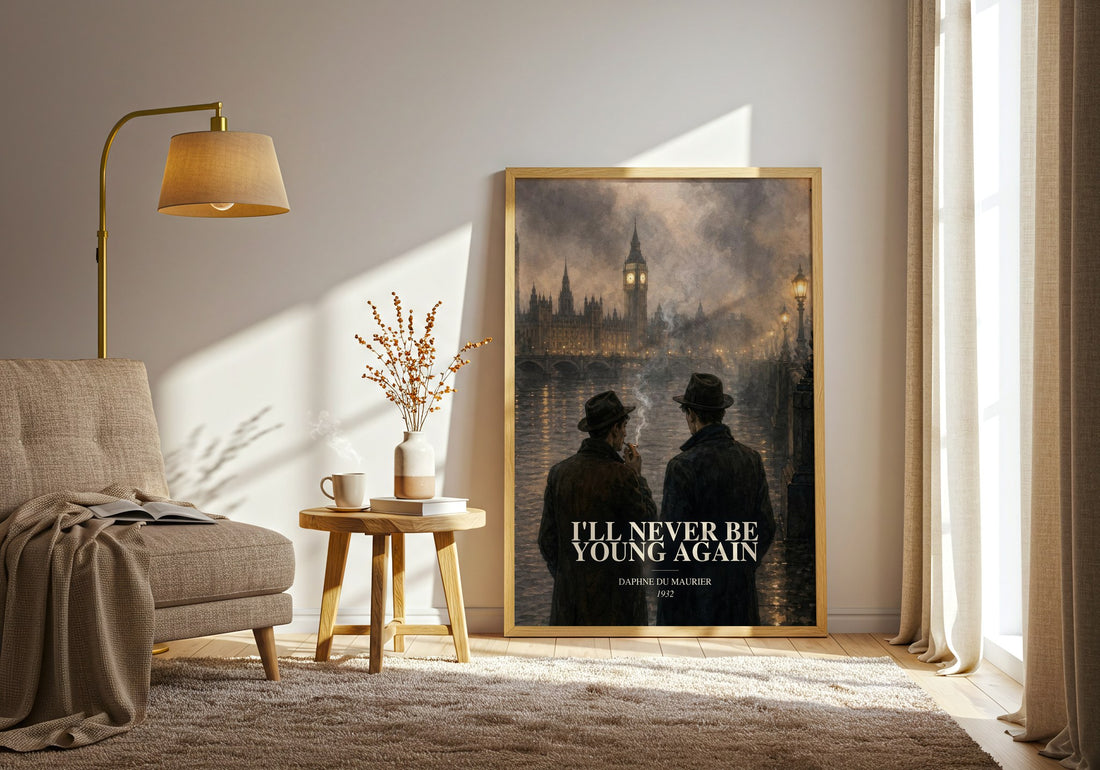 I'll Never Be Young Again watercolour print in frame leaning in hallway – literary fiction wall art (mockup)