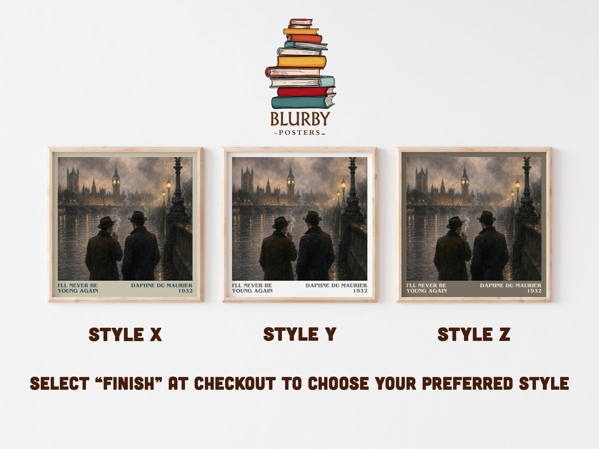I'll Never Be Young Again literary print in frame leaning in hallway – literary fiction wall art (mockup)