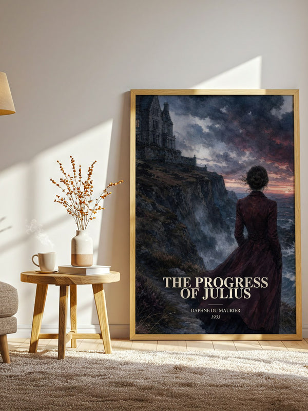 The Progress of Julius watercolour print in frame leaning in hallway – literary fiction wall art