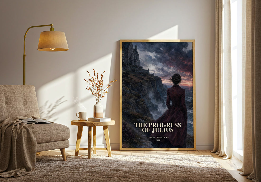 The Progress of Julius watercolour print in frame leaning in hallway – literary fiction wall art (mockup)