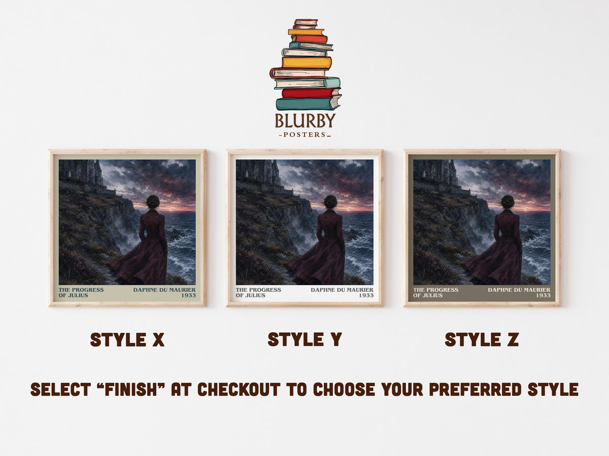 The Progress of Julius literary print in frame leaning in hallway – literary fiction wall art (mockup)