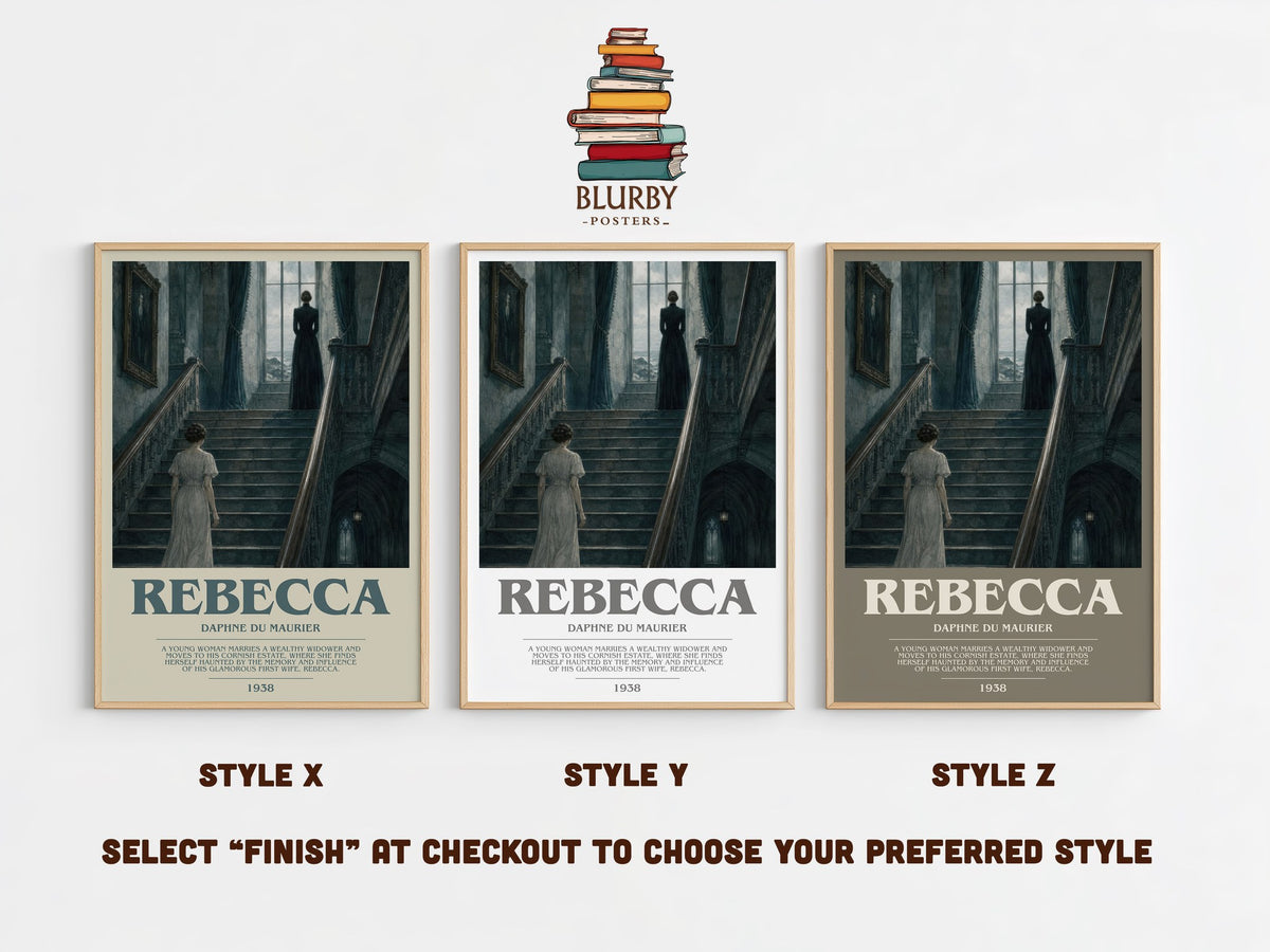 Rebecca bookish print in frame leaning in hallway – gothic wall art (mockup)