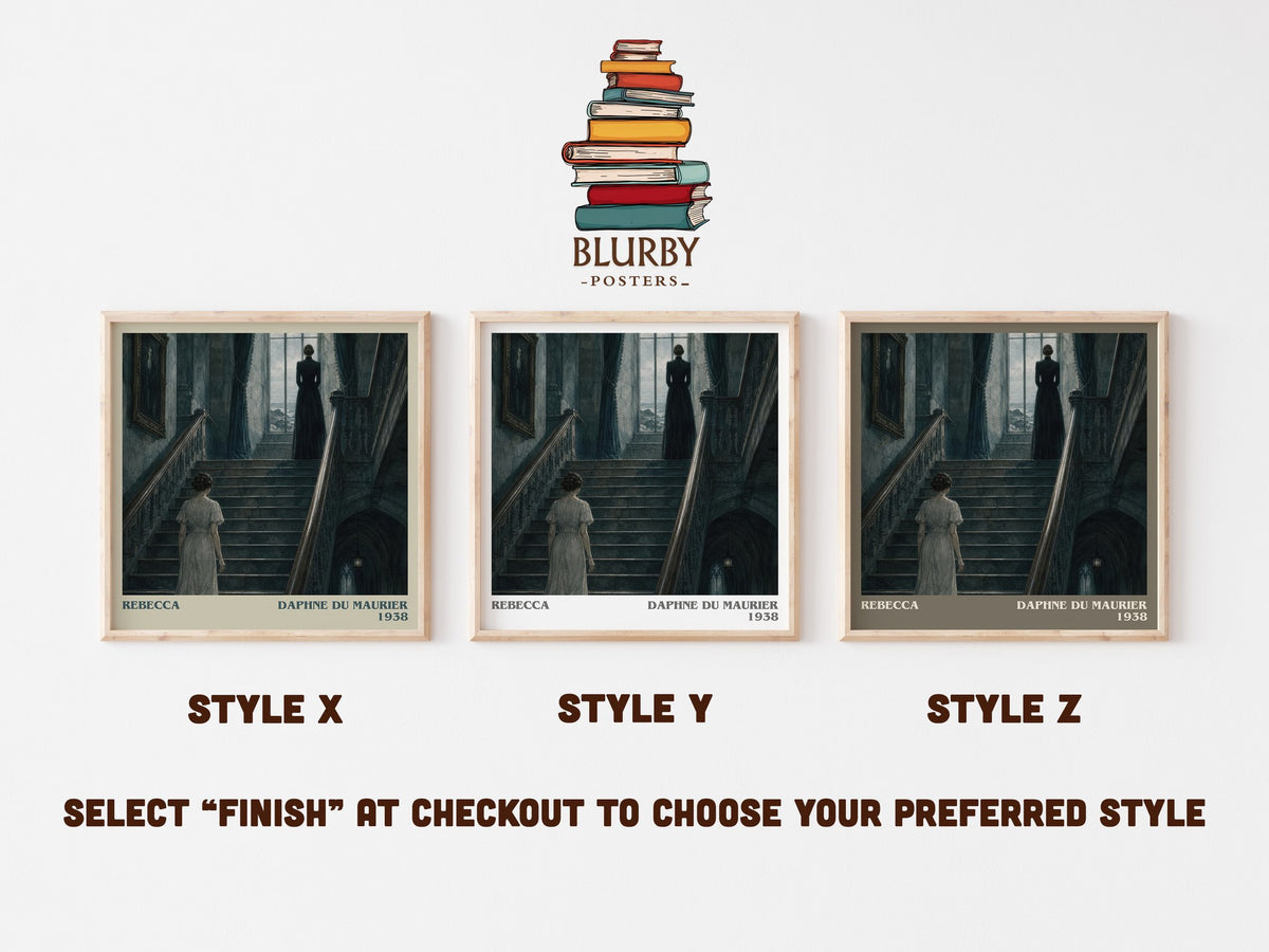 Rebecca literary print in frame leaning in hallway – gothic wall art (mockup)
