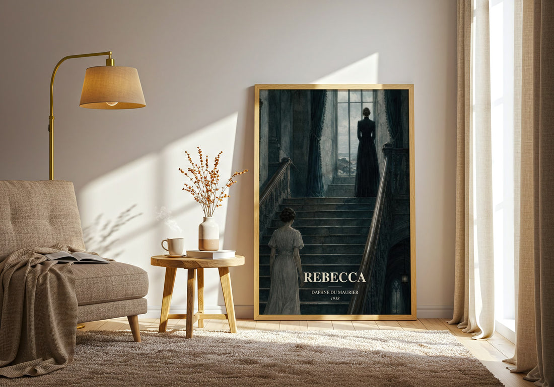 Rebecca watercolour print in frame leaning in hallway – gothic wall art (mockup)