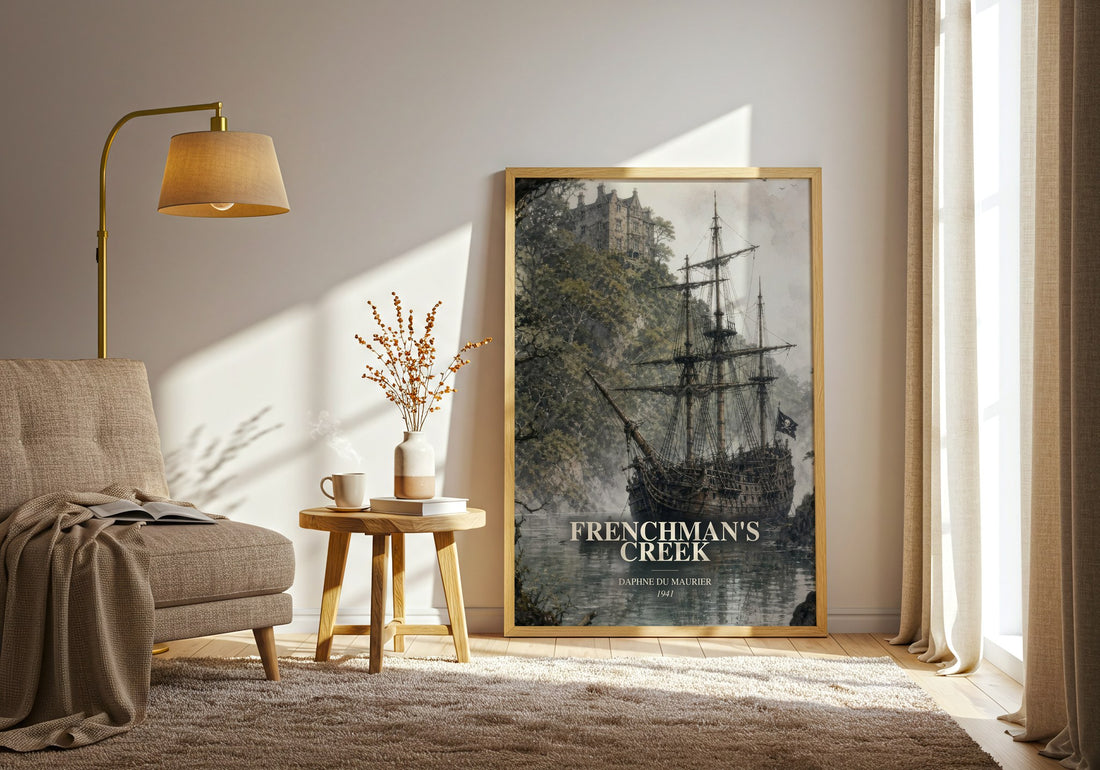 Frenchman's Creek watercolour print in frame leaning in hallway – romance wall art (mockup)
