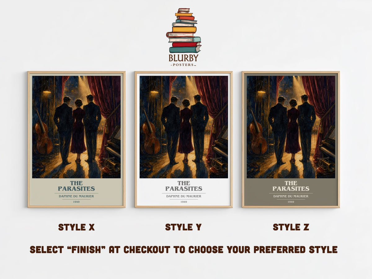 The Parasites book cover print in frame leaning in hallway – literary fiction wall art (mockup)