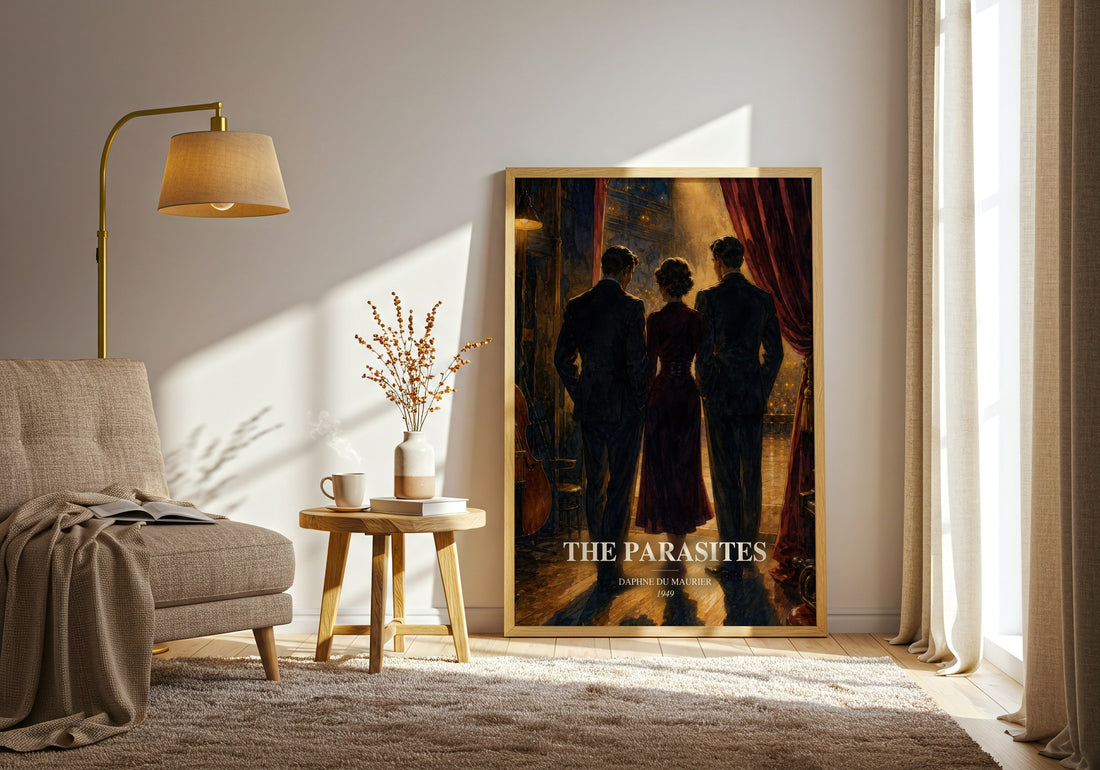 The Parasites watercolour print in frame leaning in hallway – literary fiction wall art (mockup)