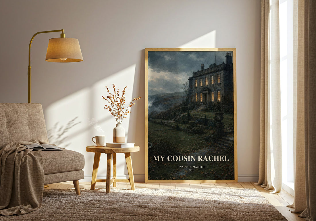 My Cousin Rachel watercolour print in frame leaning in hallway – gothic wall art (mockup)