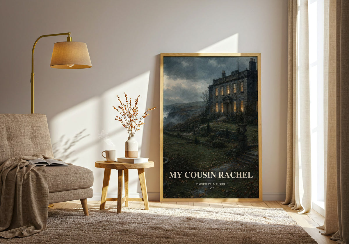 My Cousin Rachel watercolour print in frame leaning in hallway – gothic wall art (mockup)