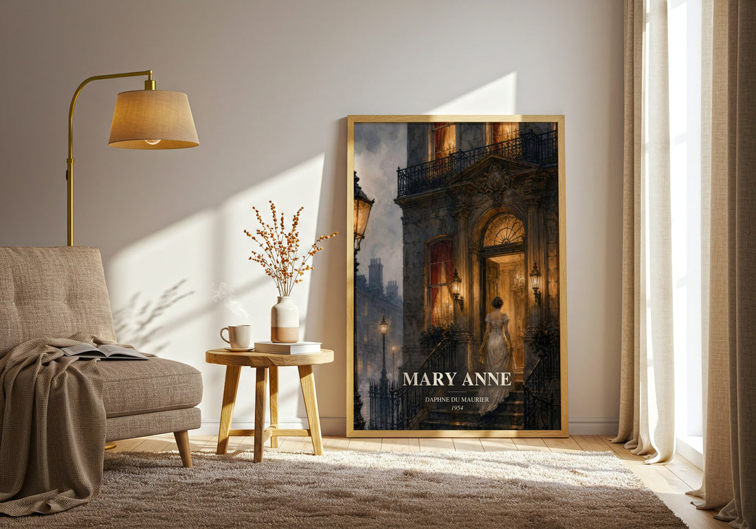 Mary Anne watercolour print in frame leaning in hallway – historical fiction wall art (mockup)
