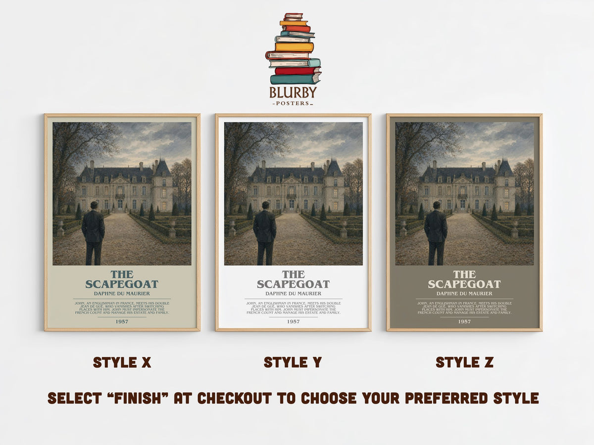 The Scapegoat bookish print in frame leaning in hallway – thriller wall art (mockup)
