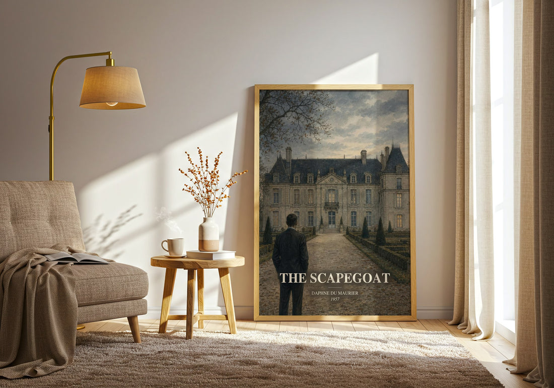 The Scapegoat watercolour print in frame leaning in hallway – thriller wall art (mockup)