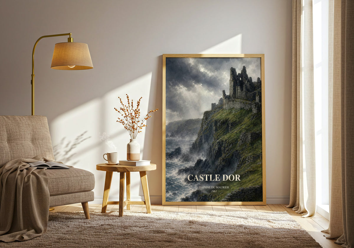 Castle Dor watercolour print in frame leaning in hallway – romance wall art (mockup)