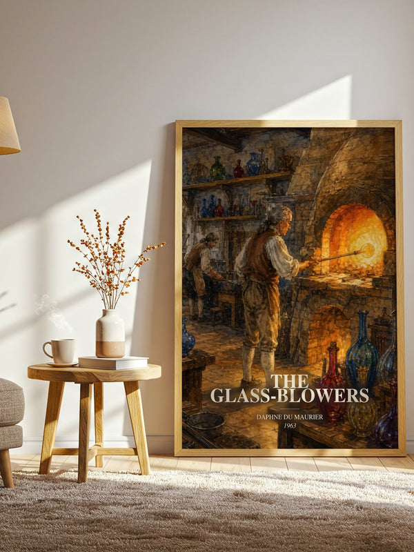 The Glass-Blowers watercolour print in frame leaning in hallway – historical fiction wall art