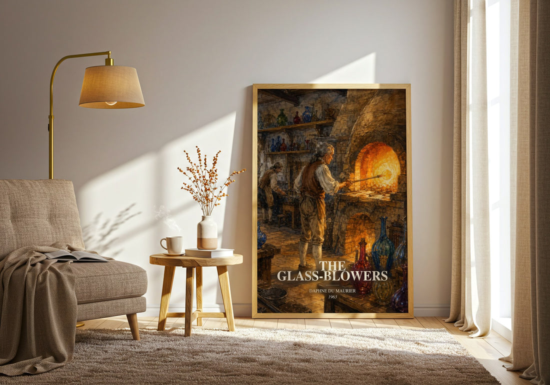 The Glass-Blowers watercolour print in frame leaning in hallway – historical fiction wall art (mockup)