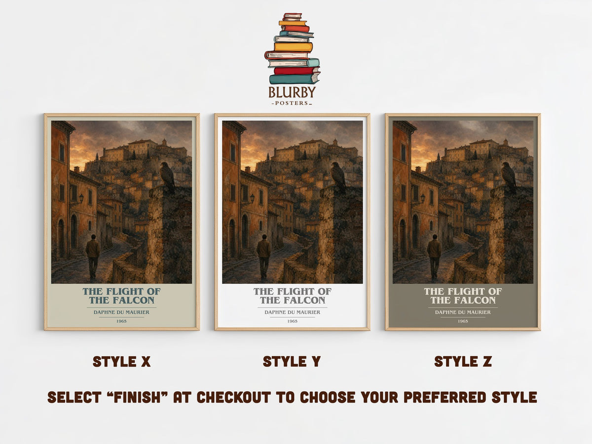 The Flight of the Falcon book cover print in frame leaning in hallway – thriller wall art (mockup)