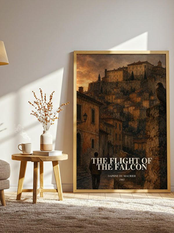 The Flight of the Falcon watercolour print in frame leaning in hallway – thriller wall art