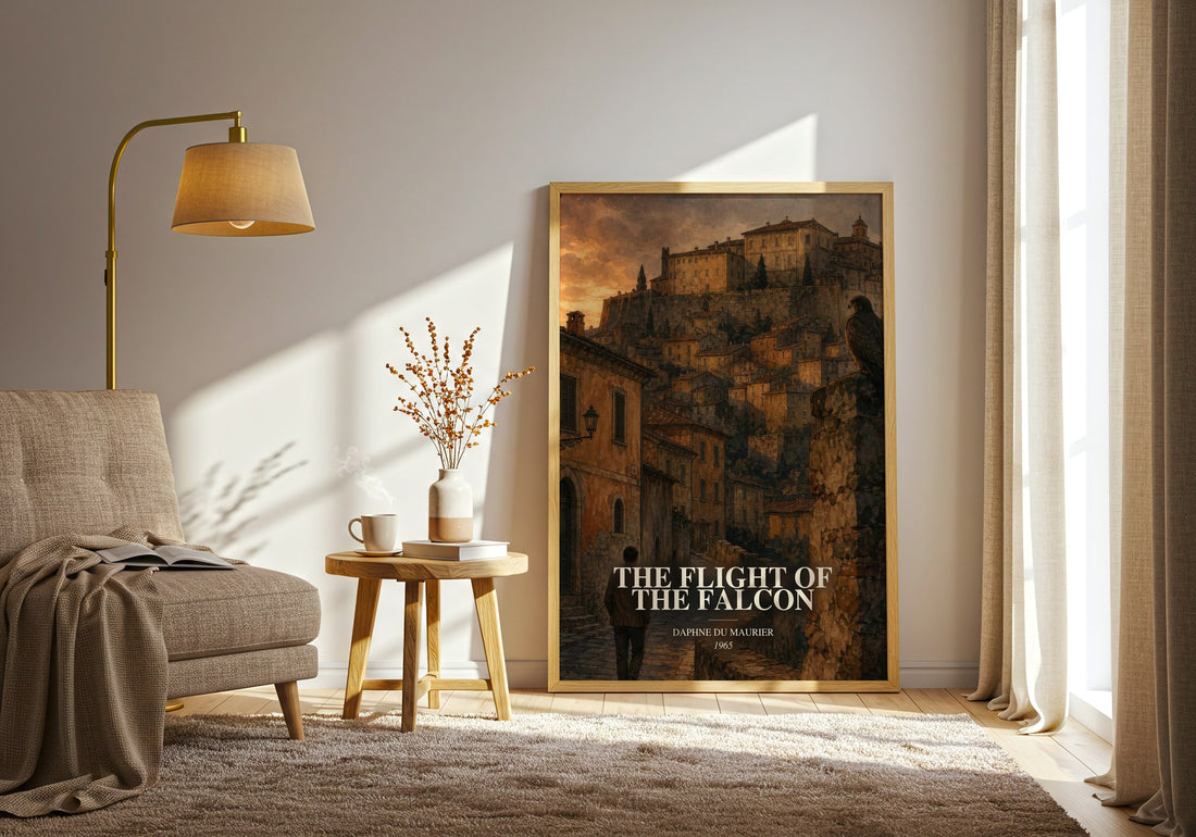The Flight of the Falcon watercolour print in frame leaning in hallway – thriller wall art (mockup)