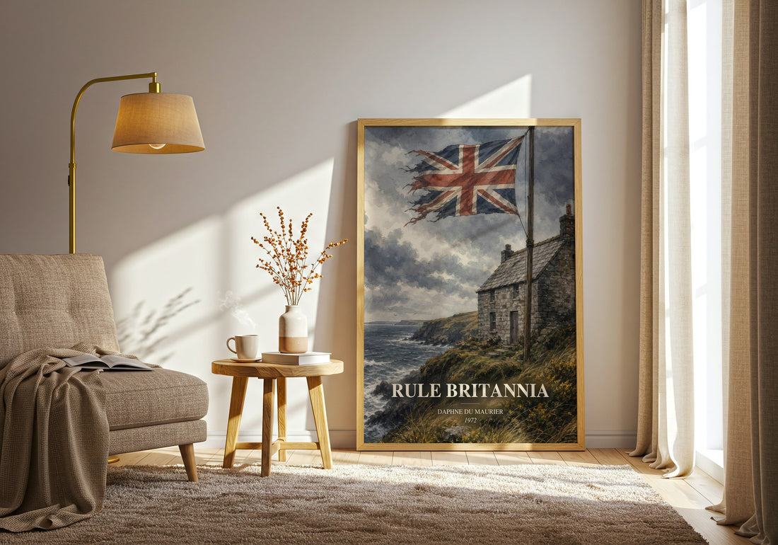 Rule Britannia watercolour print in frame leaning in hallway – dystopian wall art (mockup)