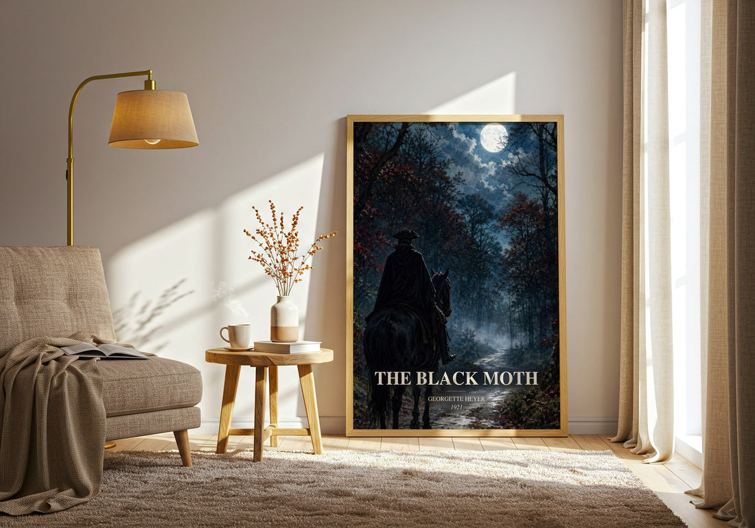 The Black Moth watercolour print in frame leaning in hallway – historical fiction wall art (mockup)