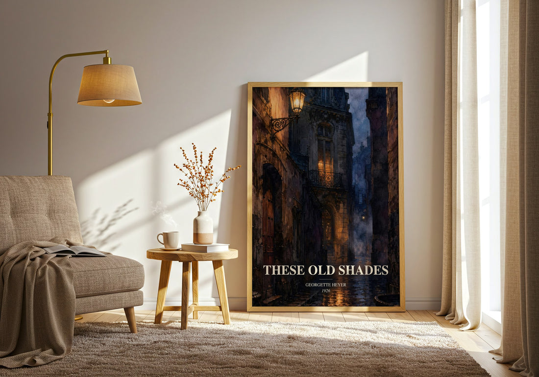 These Old Shades watercolour print in frame leaning in hallway – romance wall art (mockup)