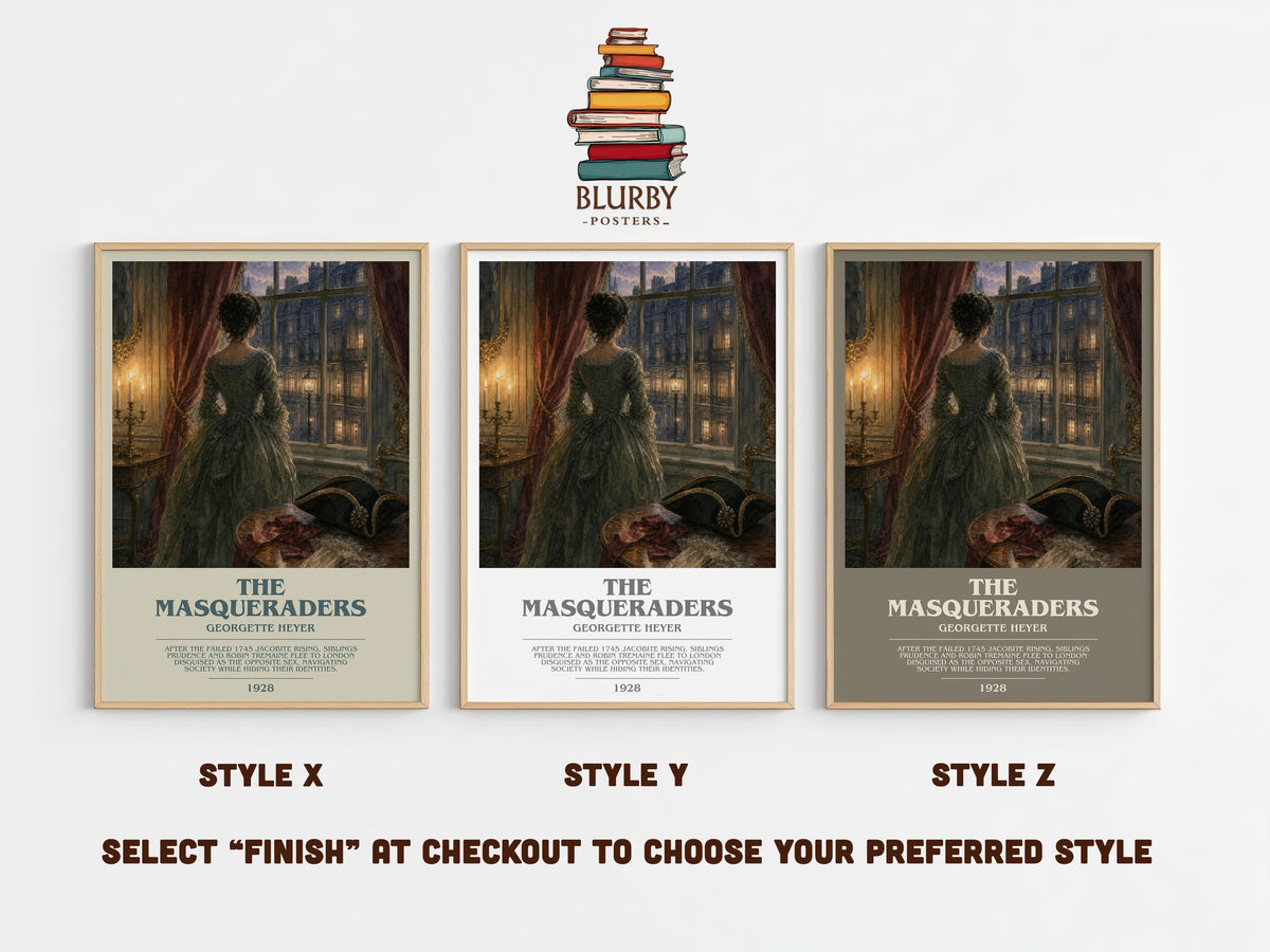 The Masqueraders bookish print in frame leaning in hallway – historical fiction wall art (mockup)