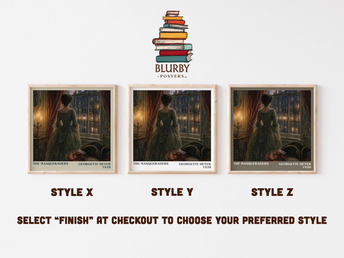 The Masqueraders literary print in frame leaning in hallway – historical fiction wall art (mockup)