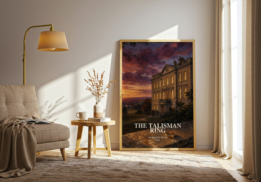 The Talisman Ring watercolour print in frame leaning in hallway – romance wall art (mockup)