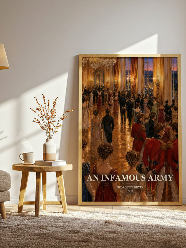 An Infamous Army watercolour print in frame leaning in hallway – historical fiction wall art