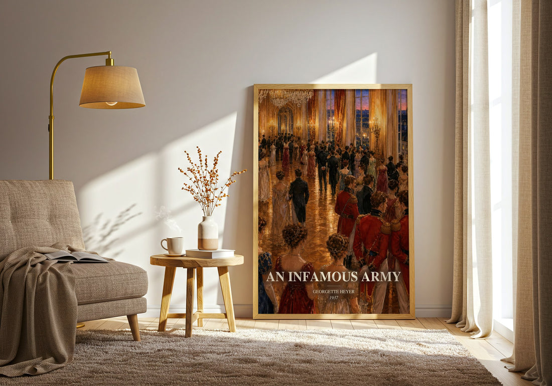 An Infamous Army watercolour print in frame leaning in hallway – historical fiction wall art (mockup)