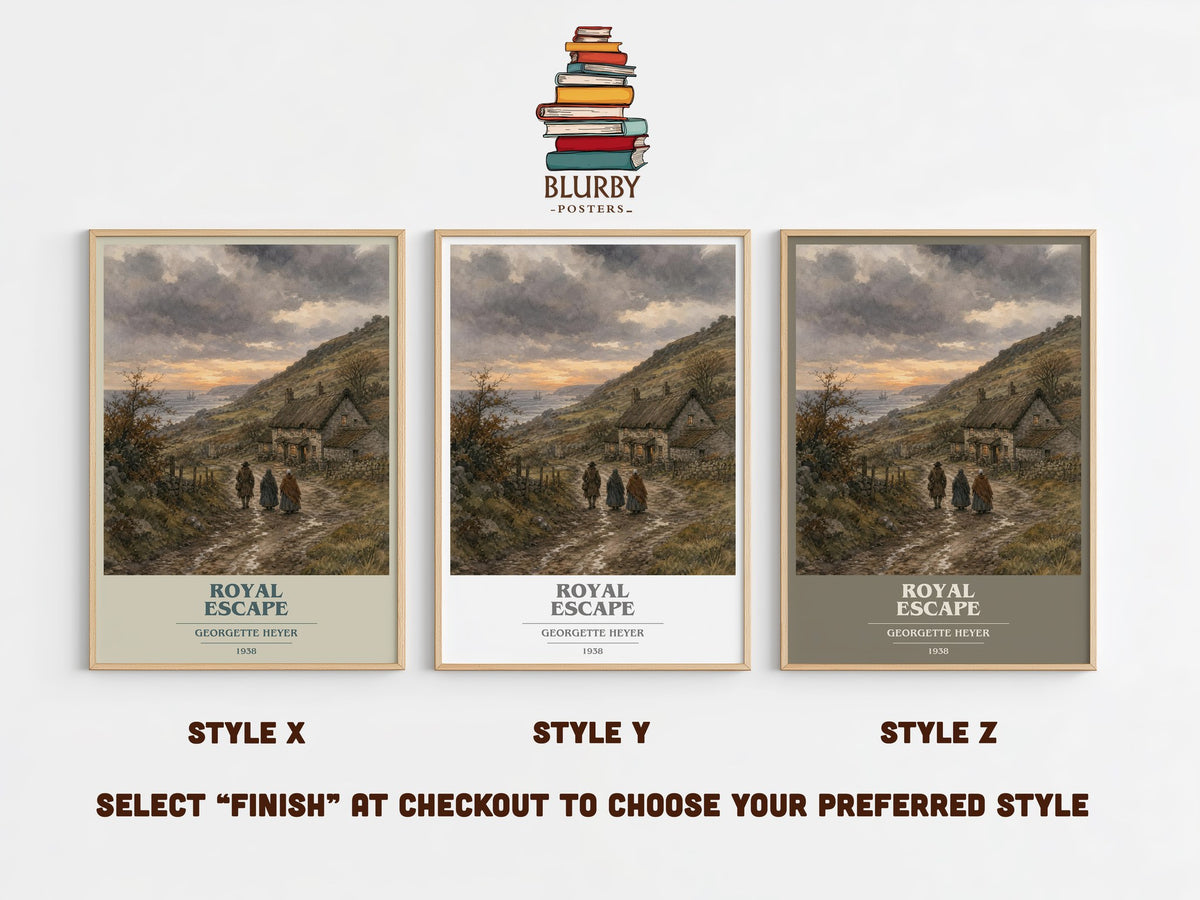 Royal Escape book cover print in frame leaning in hallway – historical fiction wall art (mockup)
