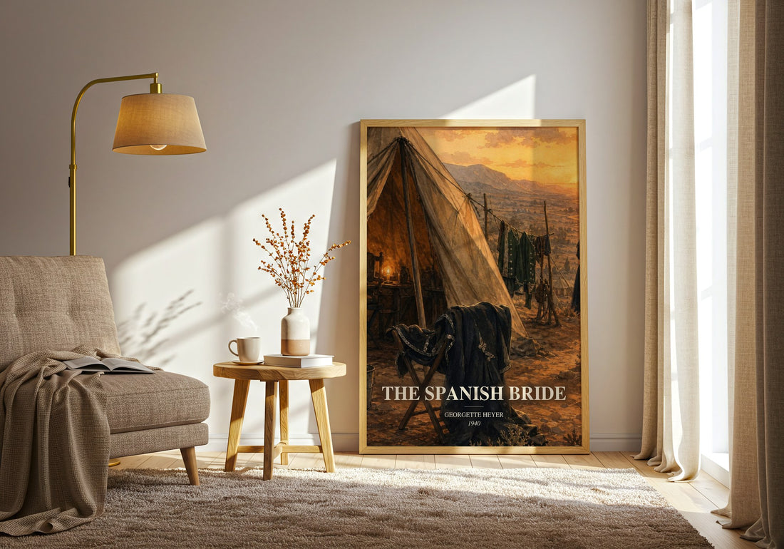 The Spanish Bride watercolour print in frame leaning in hallway – historical fiction wall art (mockup)