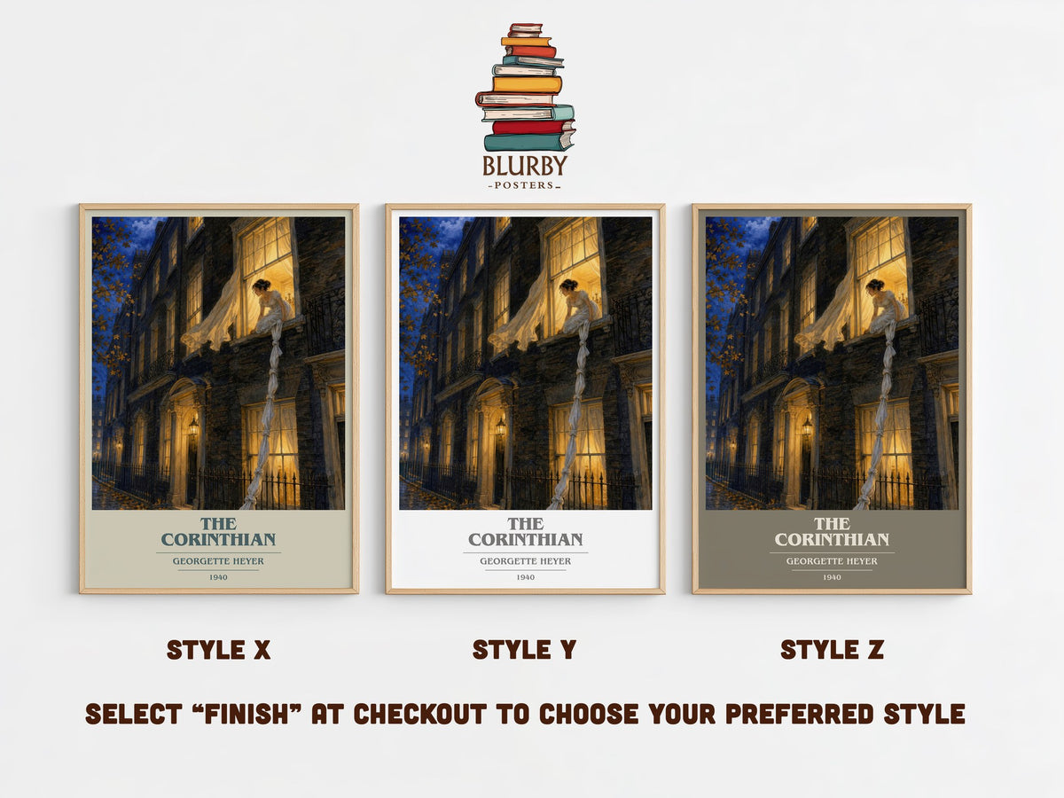 The Corinthian book cover print in frame leaning in hallway – romance wall art (mockup)