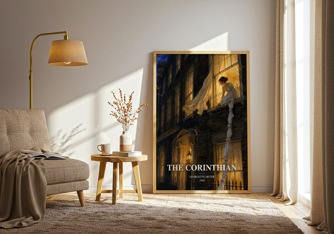 The Corinthian watercolour print in frame leaning in hallway – romance wall art (mockup)
