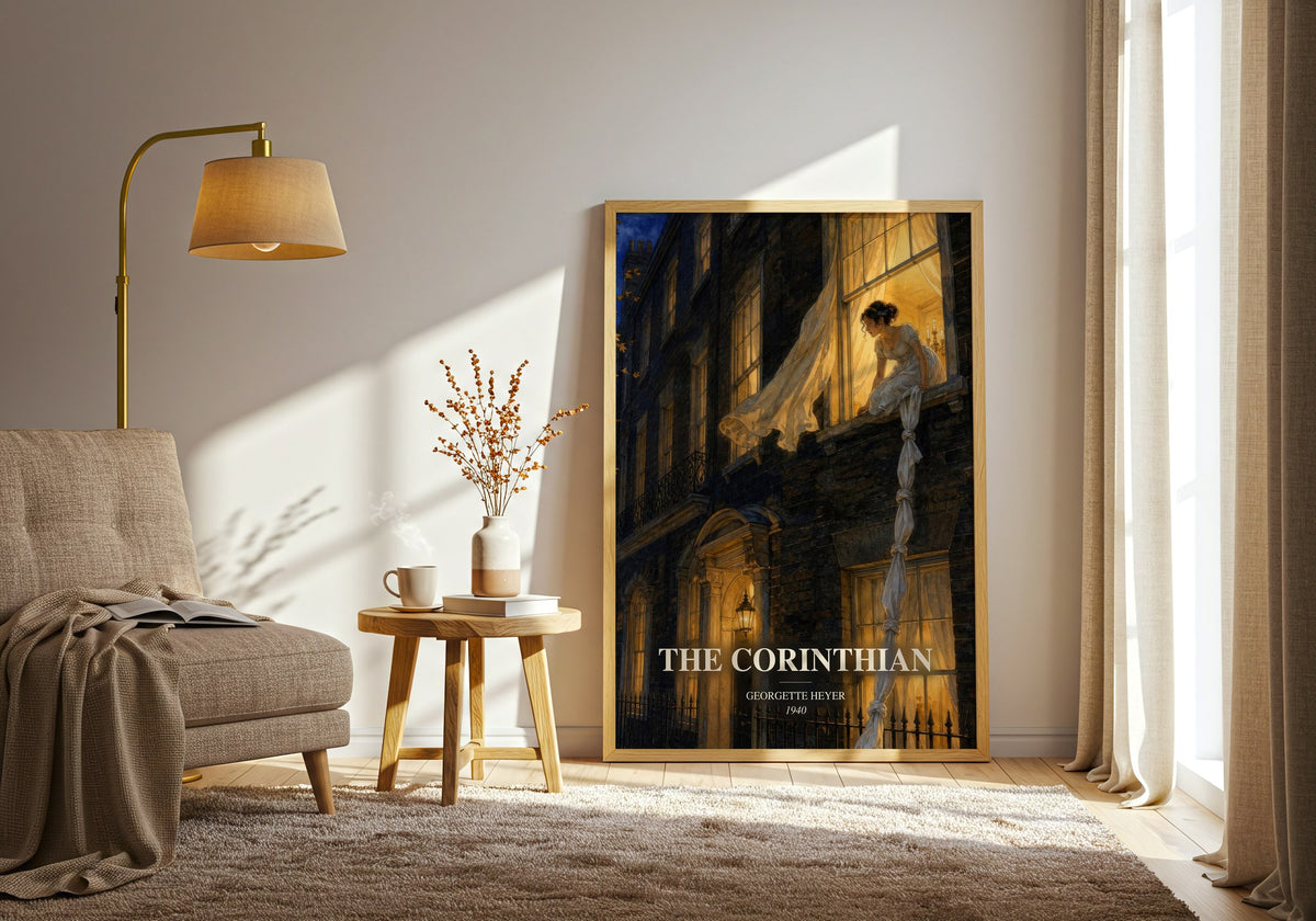 The Corinthian watercolour print in frame leaning in hallway – romance wall art (mockup)