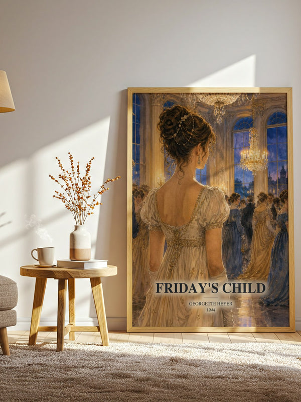 Friday's Child watercolour print in frame leaning in hallway – romance wall art