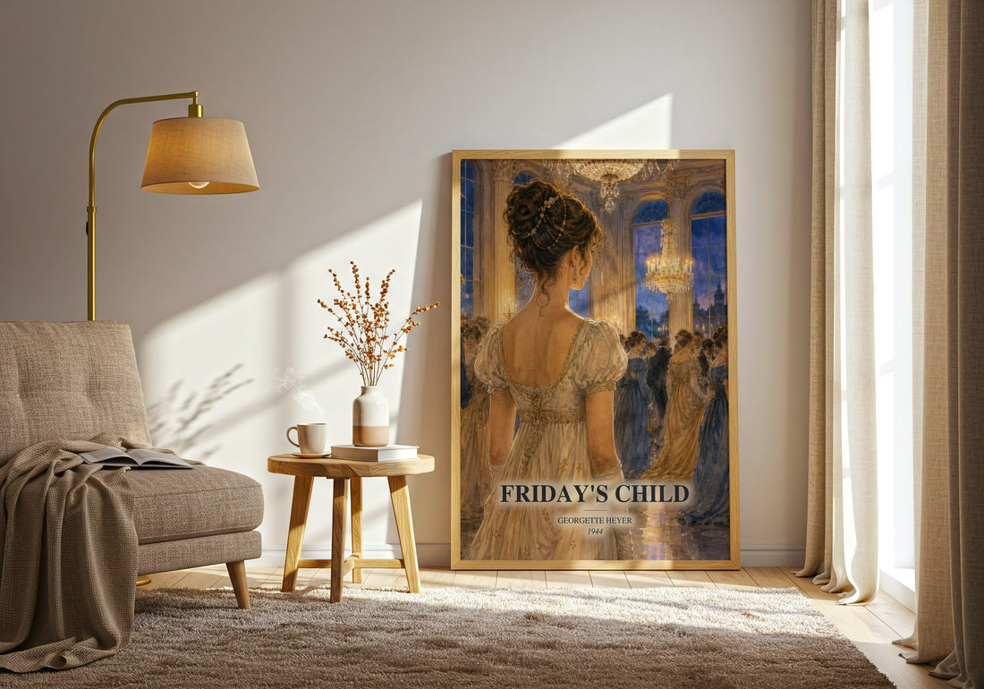 Friday's Child watercolour print in frame leaning in hallway – romance wall art (mockup)