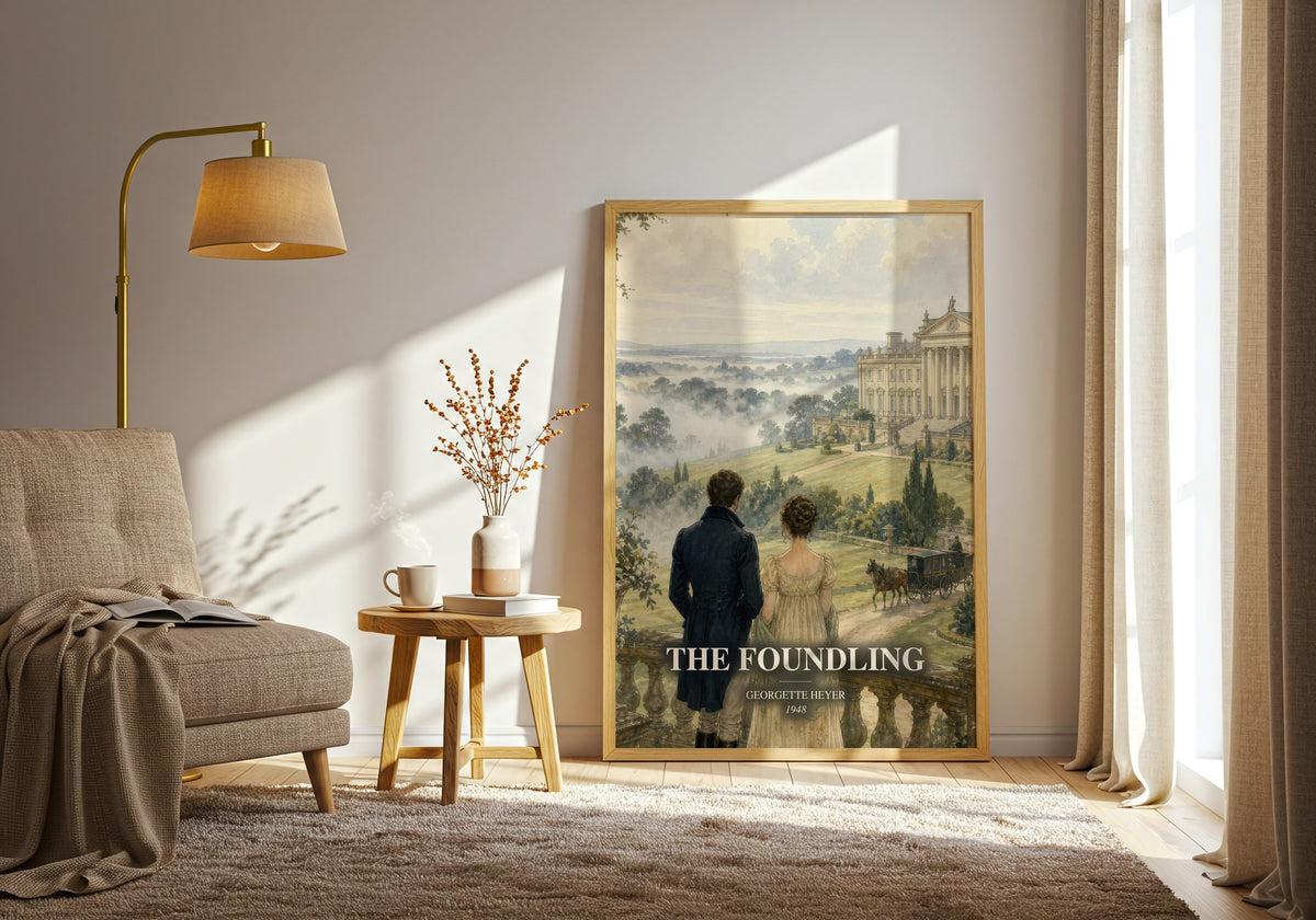 The Foundling watercolour print in frame leaning in hallway – romance wall art (mockup)