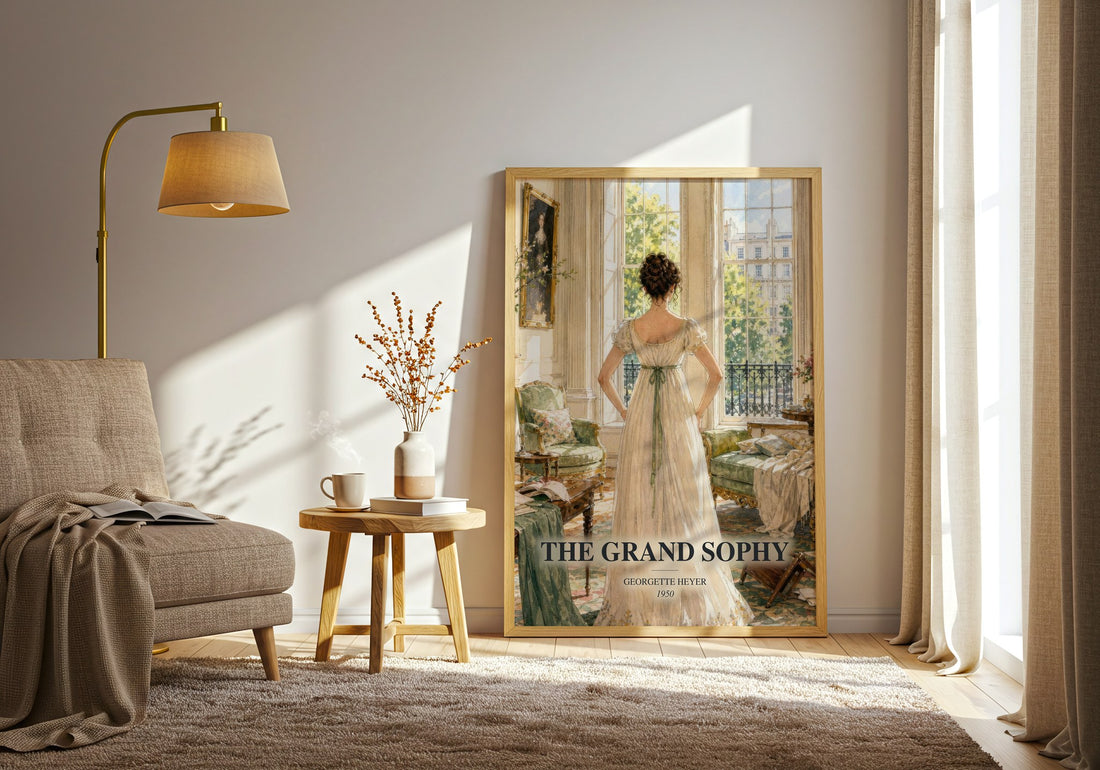 The Grand Sophy watercolour print in frame leaning in hallway – romance wall art (mockup)