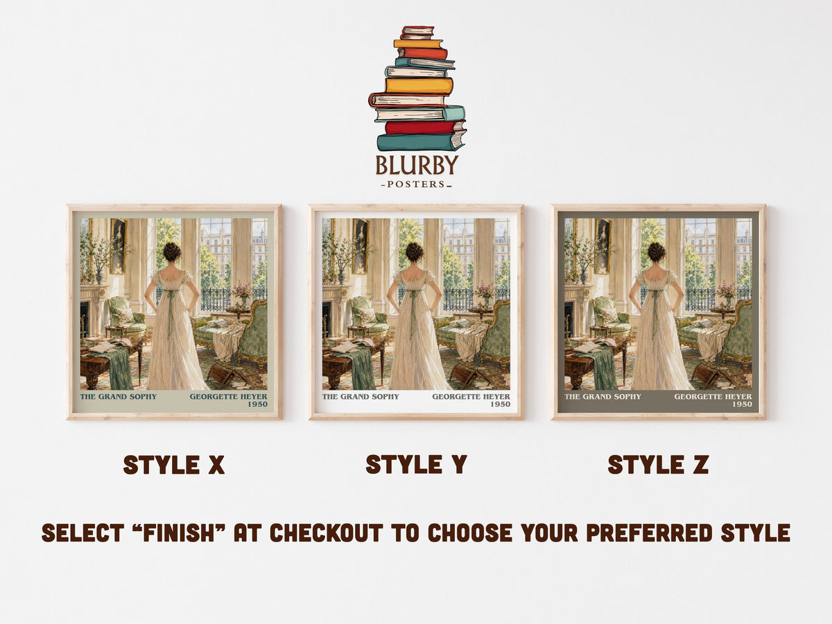 The Grand Sophy literary print in frame leaning in hallway – romance wall art (mockup)